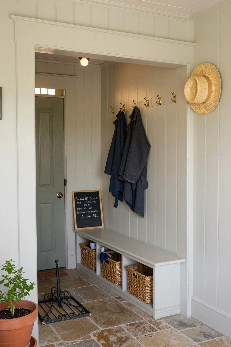 Light green door opens to a paneled mudroom with brass coat hooks holding navy jackets, a wooden bench with wicker baskets underneath, chalkboard sign, potted plant, and wrought iron boot scraper on stone tile floor.