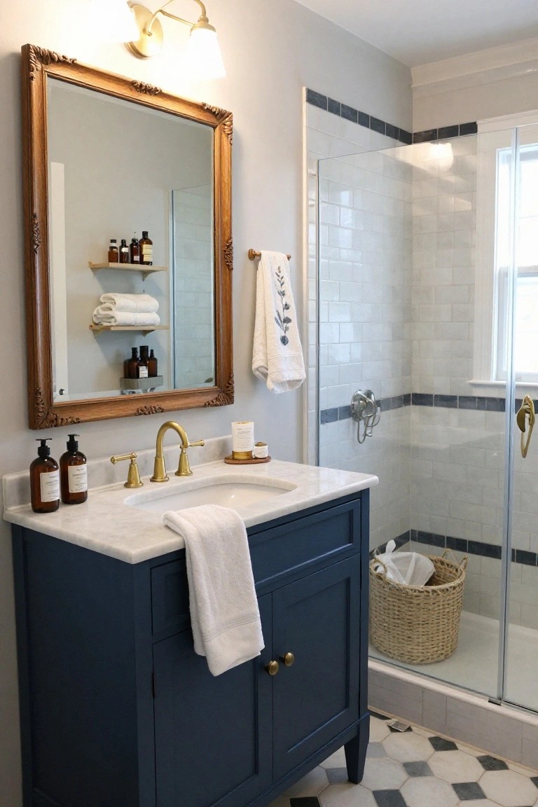 Bathroom with navy blue wood vanity cabinet, white marble countertop, gold faucet and hardware, ornate gold-framed mirror above, white subway tile shower enclosure, and black-and-white checkered tile floor.