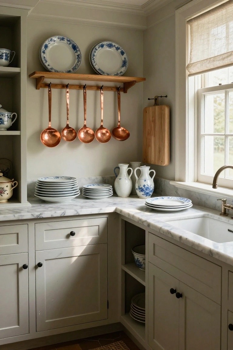 Corner kitchen with light gray cabinets, white marble countertop and sink, open wood shelf displaying stacked blue and white china plates and cups, copper pots hanging from hooks below the shelf, and various blue and white pottery vases and teapots nearby.