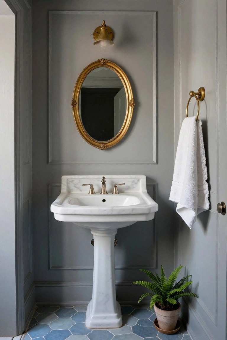 Small gray powder room featuring white marble pedestal sink with brass faucets, ornate gold oval mirror above, gold towel bar holding white towel, blue hexagonal floor tiles, potted fern, and wall sconce lighting.