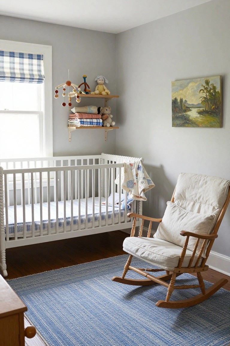 Light gray nursery room with white wooden crib draped in blue blanket, wooden rocking chair with cream cushions on blue rug, wall shelf holding toys and stacked linens, blue plaid window shade, and painting on wall.