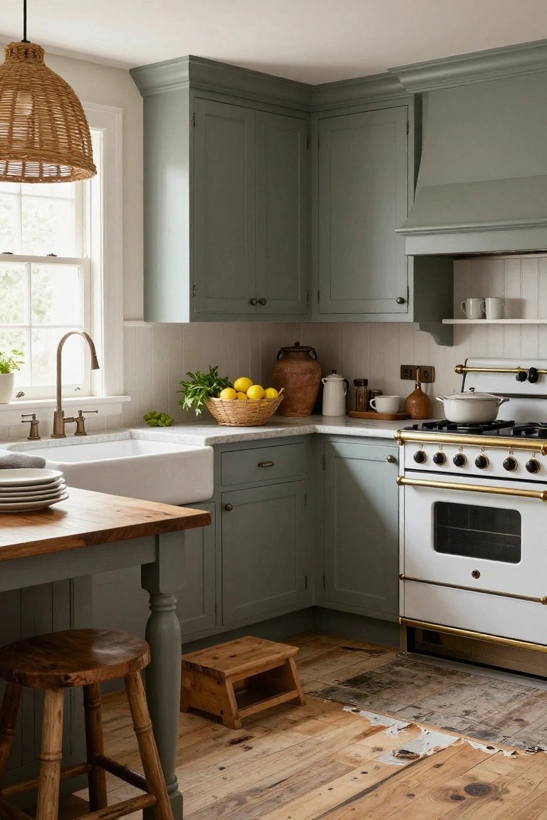 Corner view of a kitchen with sage green shaker cabinets, white farmhouse sink on a wooden island, brass faucet, rattan pendant light, and white range with gold trim on hardwood floors.