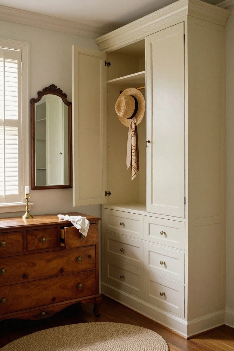 Cream armoire with straw hat and white drawers beside wooden dresser.