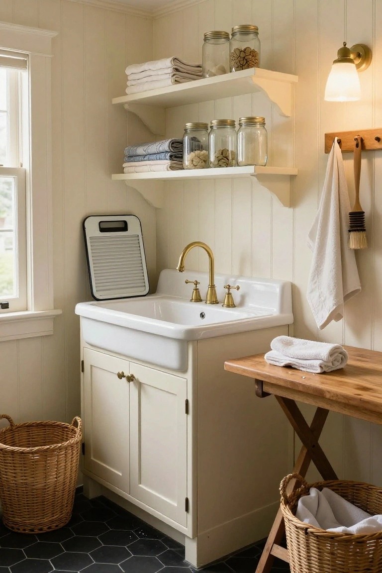 Small indoor laundry room with white farmhouse sink and gold faucets on a cabinet base, open wooden shelves holding white towels, linens, jars, and baskets above, wicker laundry baskets on black hexagonal tile floor, white beadboard walls, and a wall-mounted drying rack.