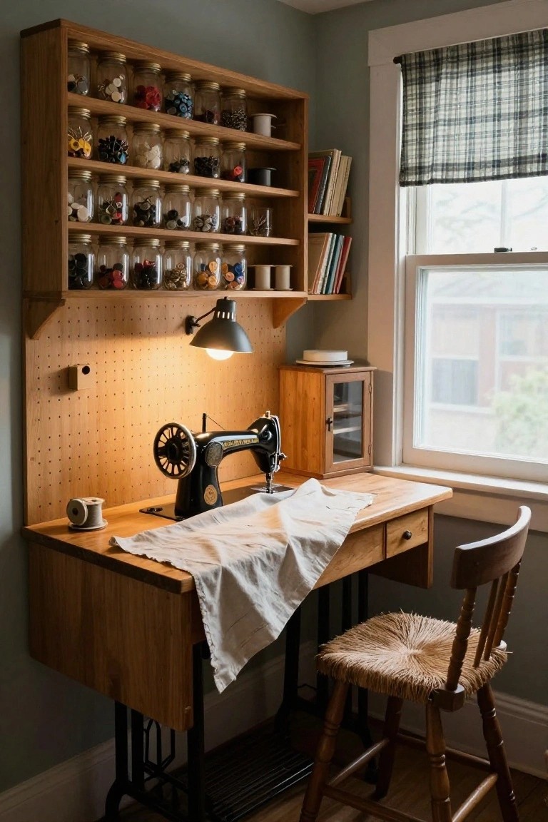Wooden corner workspace featuring a black vintage treadle sewing machine on a desk, shelves above holding mason jars of buttons and threads, pegboard wall, small cabinet, and window with plaid curtains in a pale green room.