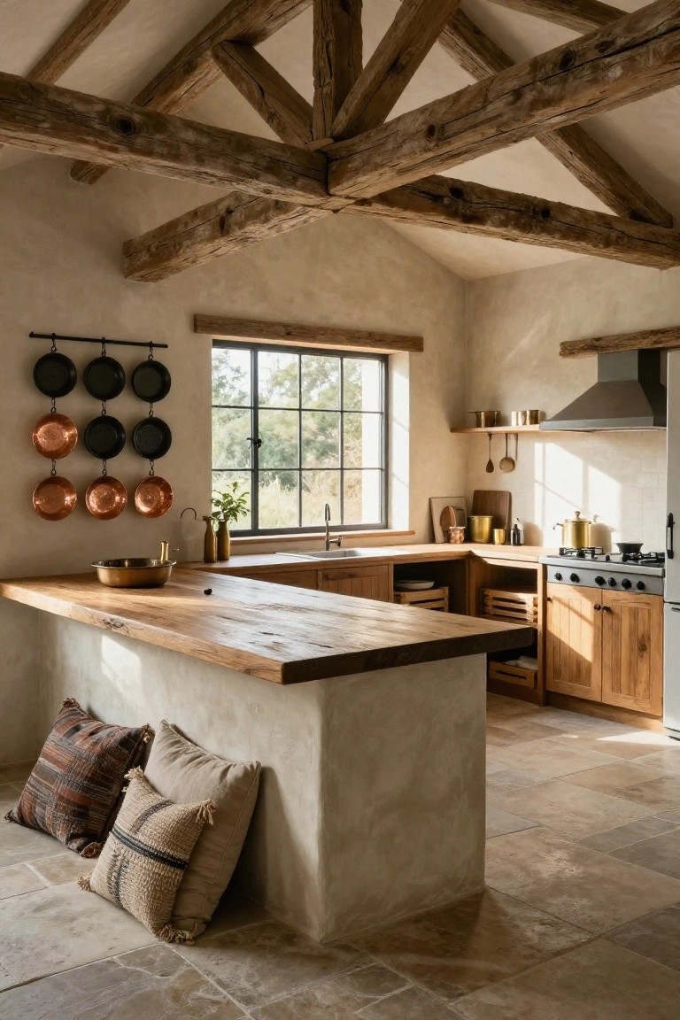 Rustic kitchen interior featuring exposed wooden ceiling beams, wooden island countertop, hanging copper and black pans on wall, wooden cabinets, and a large window with view of trees.