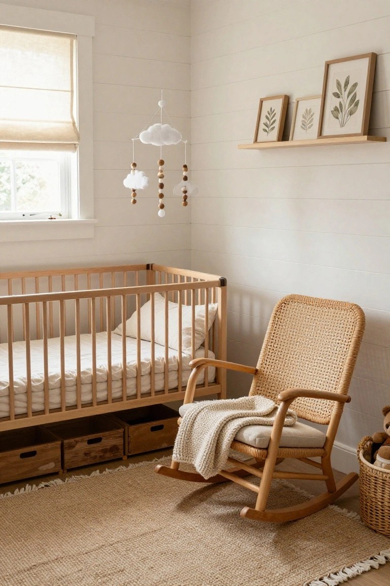 Nursery room with light beige shiplap walls, wooden crib with white bedding, rattan rocking chair holding a knit blanket, cloud mobile overhead, and framed botanical prints on a wood shelf above a seagrass rug.
