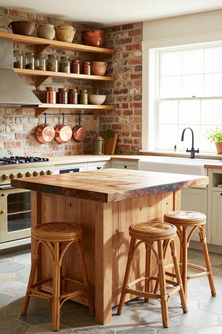 Rustic kitchen with wooden island, woven stools, brick walls, and copper pots.