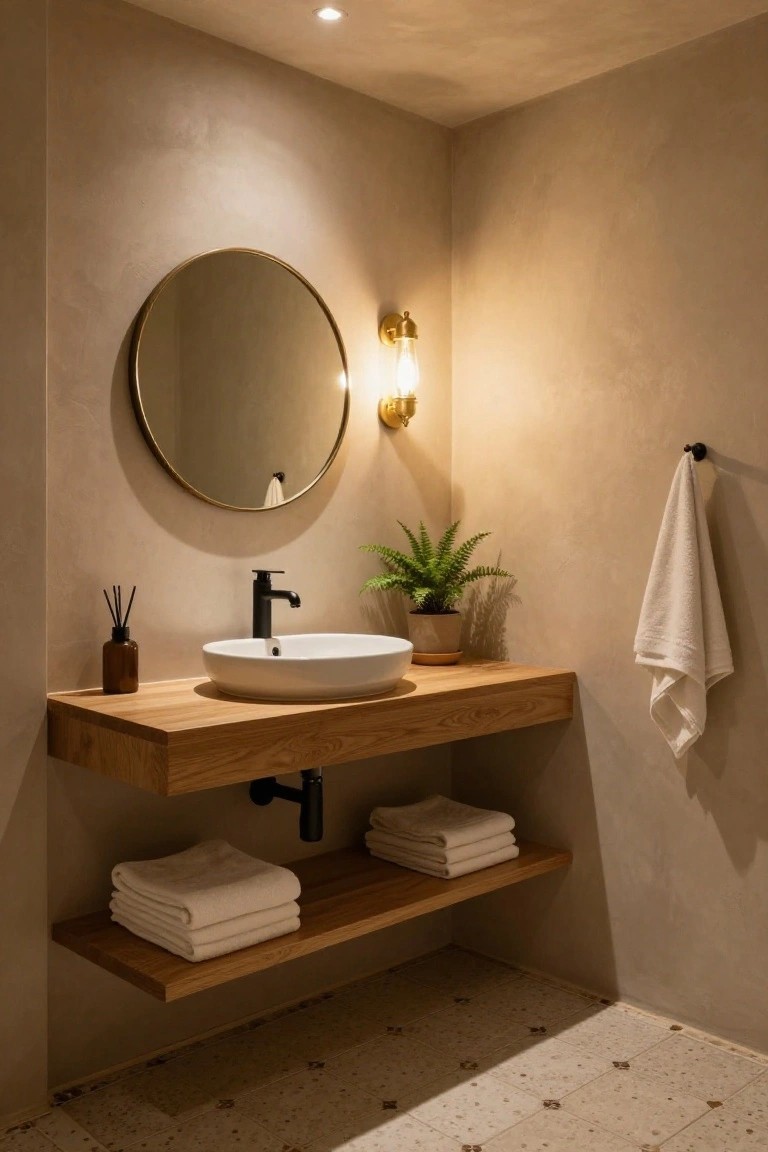 Bathroom with floating light oak wood vanity shelf supporting white vessel sink and black faucet, gold round mirror on textured beige wall, potted fern plant, reed diffuser, stacked white towels on shelf below, hanging towel on hook, and tiled floor.