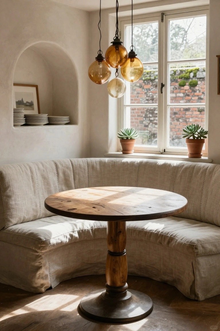 Curved beige linen-upholstered banquette in a white plaster corner room with round wooden pedestal table, amber glass pendant lights, potted succulents on windowsill, and arched niche with stacked plates.