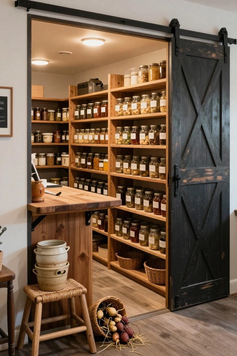 Open black sliding barn door reveals a walk-in pantry with wooden shelves stocked with labeled glass jars of preserved foods, a wooden countertop, ceramic pots, a stool, and baskets with onions on the floor.