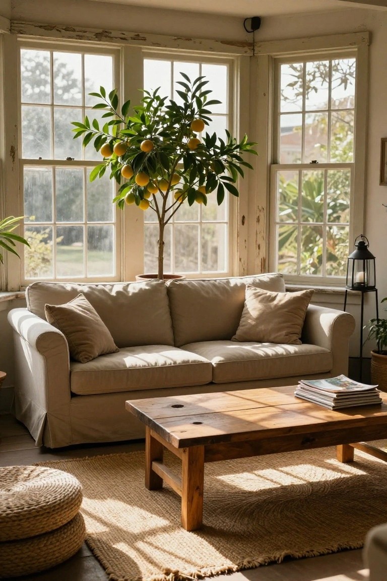 Sunlit corner of a rustic living room with large multi-paned windows, a potted orange tree, beige slipcovered sofa, low wooden coffee table with knots and magazines, seagrass rug, and two stacked seagrass poufs.