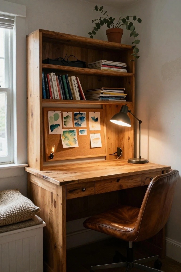 Wooden desk hutch with open shelves holding books and stacked magazines, corkboard with watercolor paintings, adjustable desk lamp, leather office chair, and potted plant on top shelf in a corner room.