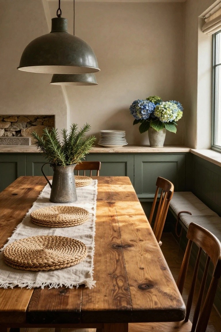 Rustic wooden dining table with frayed white linen runner and woven seagrass placemats in a light-walled kitchen corner featuring sage green cabinets, galvanized pitcher of rosemary sprigs, wooden chairs and bench, blue hydrangeas in vase, stacked plates, stone hearth, and two metal pendant lights.
