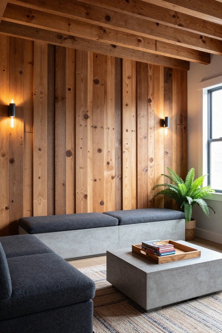 Cozy interior lounge with vertical knotty wood plank accent wall, exposed wooden ceiling beams, black wall sconces with lit bulbs, gray L-shaped bench seating, concrete coffee table holding stacked books in a wooden tray, potted fern plant, and window.