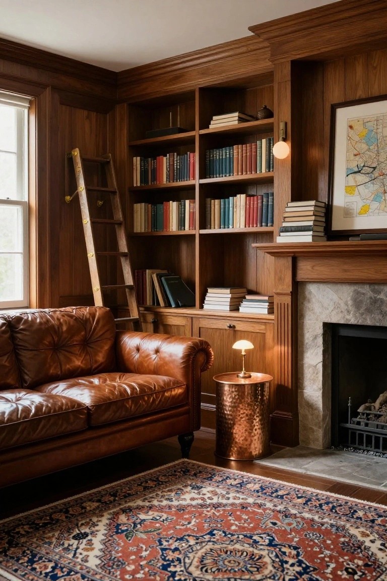 Wood-paneled library interior with floor-to-ceiling bookshelves accessed by a wooden ladder, tan tufted leather sofa, hammered copper drum table, stone fireplace, and red Persian rug on wood floor.