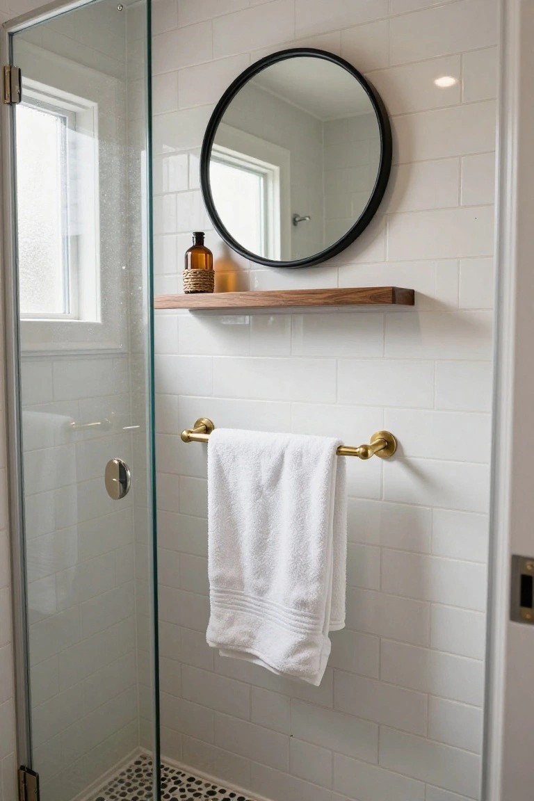 Bathroom shower corner with frameless glass door, white subway tile walls, walnut wood floating shelf holding amber bottle in seagrass holder, round black-framed mirror, brass towel bar with white towel, and pebble shower floor.