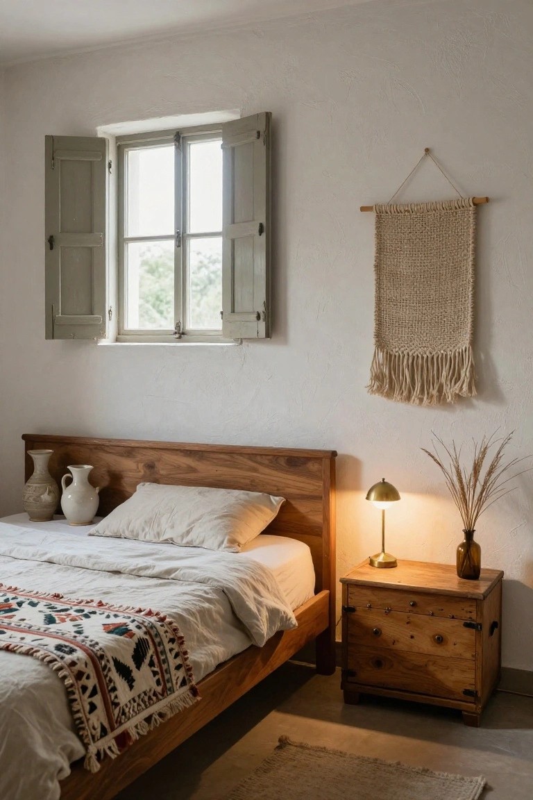 Bedroom interior with wooden bed frame and headboard, white linen bedding with patterned runner, two terracotta vases on floor, wooden nightstand holding brass lamp, pampas grass, and glass vase, beige woven wall hanging with fringes, and open shutters on window against white walls.