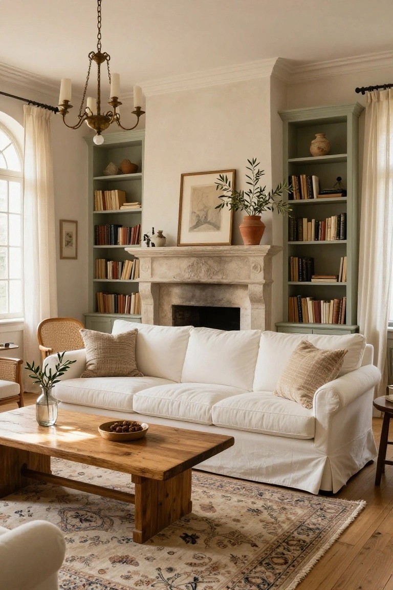Cozy living room featuring a white slipcovered sofa, wooden coffee table, stone fireplace flanked by sage green built-in bookshelves filled with books and pottery, large arched windows with sheer curtains, and a brass chandelier.