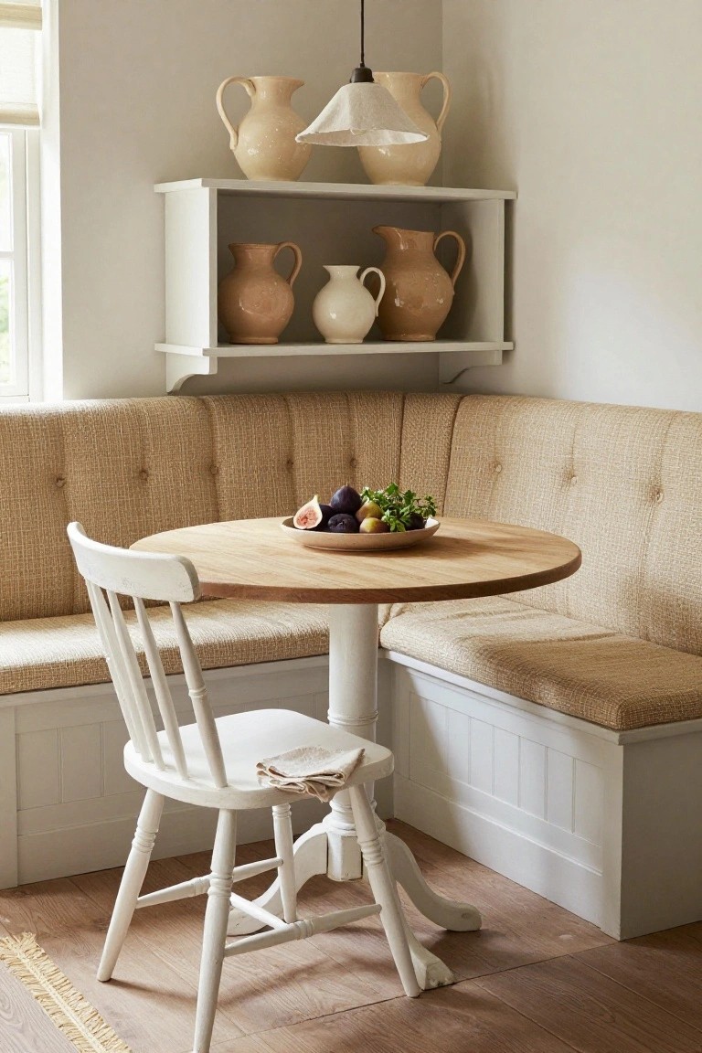 Corner kitchen nook with beige tufted banquette seating around a round oak pedestal table, a white ladder-back chair, shelves displaying cream and terracotta pitchers, and a white bowl of figs and greens on the table.