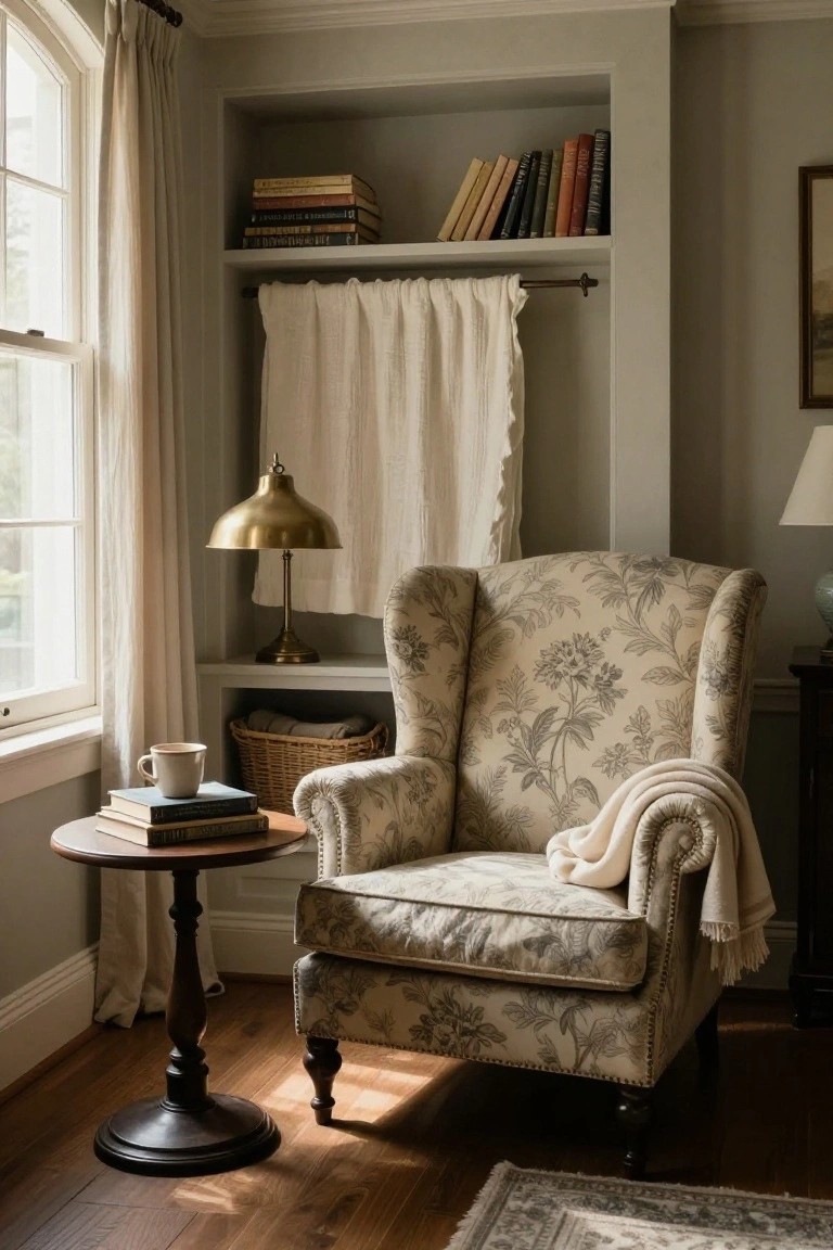 A cream floral wingback armchair with a white throw beside a round wooden side table holding stacked books and a coffee mug, lit by a brass lamp, in a light gray room with bookshelves and window light.