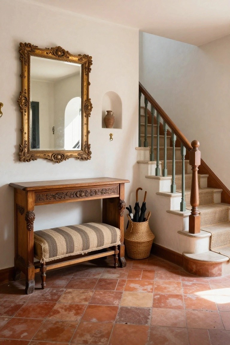 White entryway with ornate gold-framed mirror on wall, carved wooden console table topped with striped bench and wicker basket holding umbrellas, next to stairs with green balusters on terracotta tile floor.