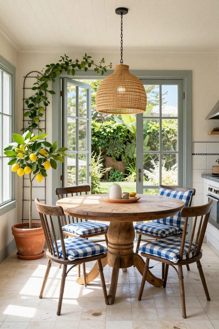 Sunlit kitchen dining area featuring a round wooden pedestal table with four wooden chairs cushioned in blue and white gingham, potted lemon tree, climbing ivy on wall trellis, and open French doors revealing a lush garden.