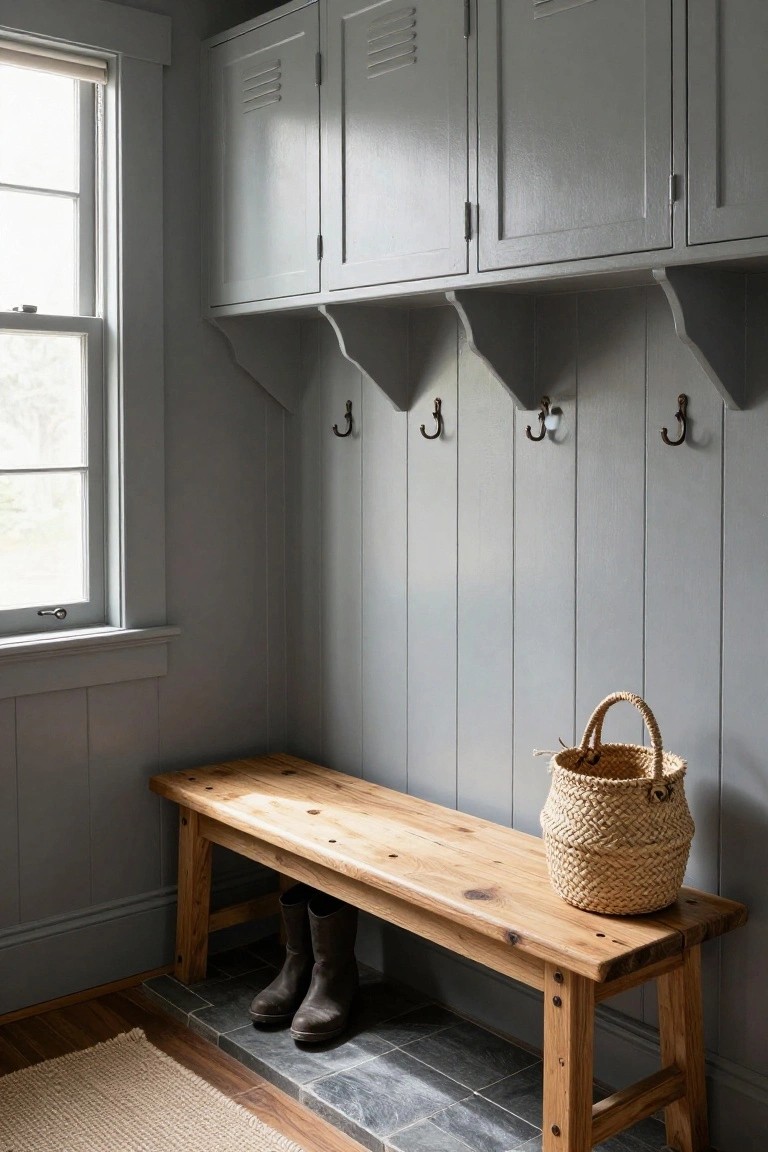 Gray mudroom with wooden bench holding tall black boots underneath, woven seagrass basket beside it, brass hooks on paneled walls, and louvered lockers above.