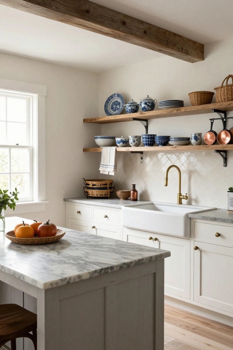 White kitchen with open wooden shelves displaying blue and white ceramic bowls, plates, and pots, marble-topped island and counters, farmhouse sink with gold faucet, wooden ceiling beams, and window with greenery.