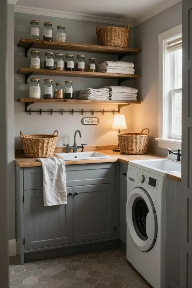 Corner laundry room interior with light wood open shelves holding glass jars and wicker baskets, gray cabinets under a wood-topped sink, white washer, and hexagonal gray floor tiles by a window.