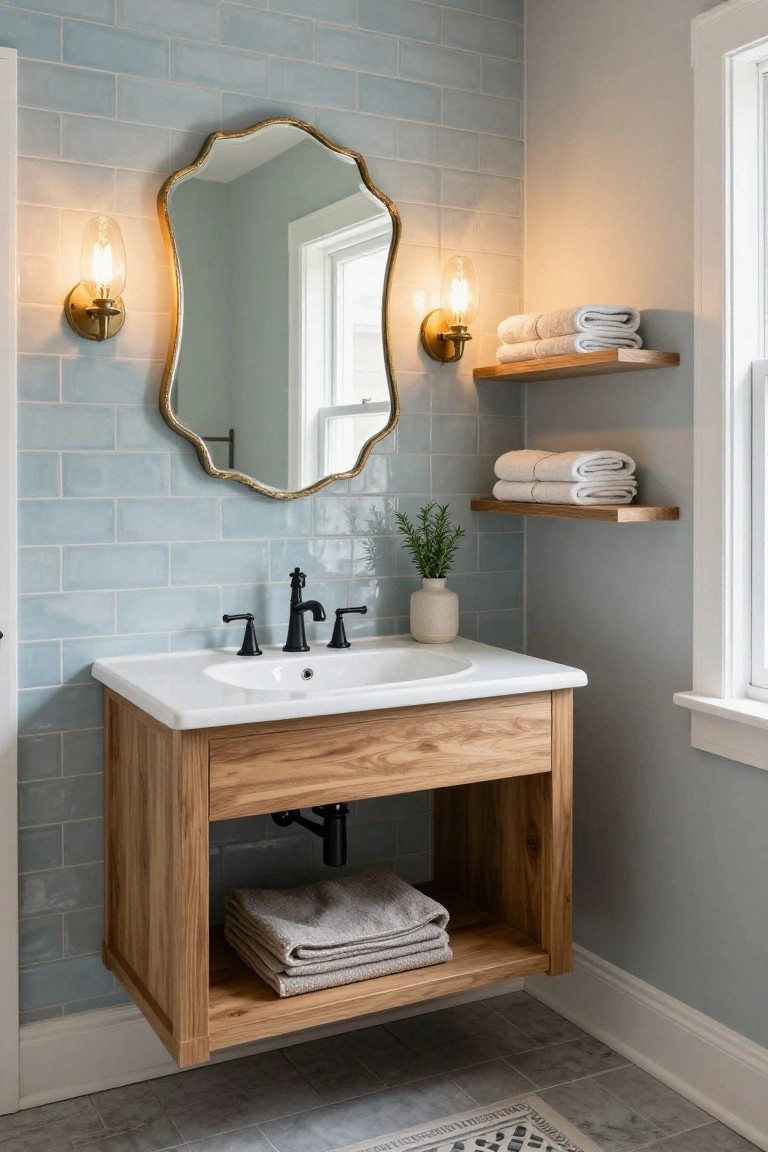 Soft Blue Subway Tiles on Bathroom Walls