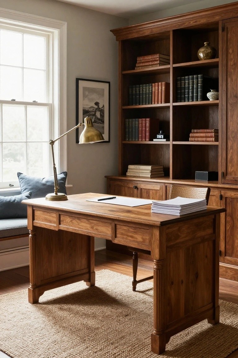 Home study room with light gray walls, wooden built-in bookcases filled with books and decor, centered wooden desk topped with papers and pen, brass adjustable lamp, window with blue cushions, and rattan chair.
