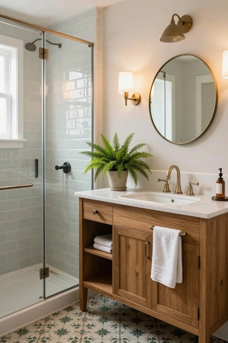 A small bathroom with a glass shower enclosure featuring light green subway tiles, wooden vanity cabinet with white countertop and sink, round mirror, wall sconces, potted fern plant, soap dispenser, and green patterned floor tiles.