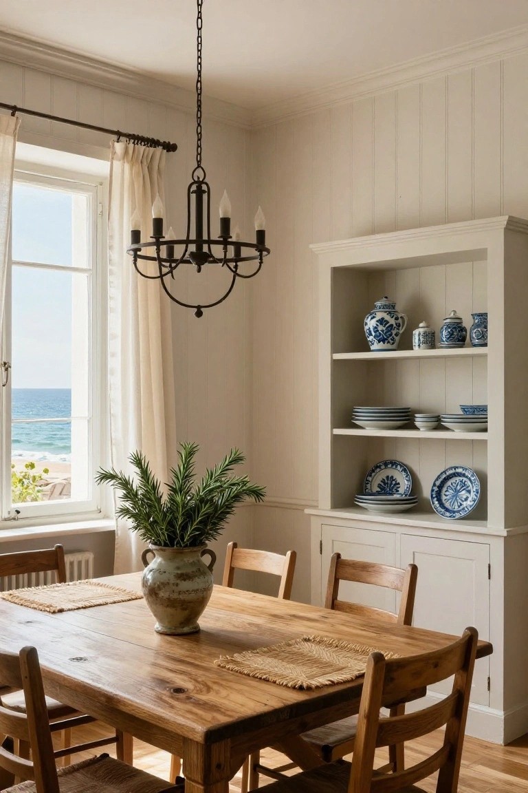 Dining room with white paneled walls, open shelving displaying blue and white ceramic jars and plates, wooden table with chairs and potted plant centerpiece, and window showing sea view.