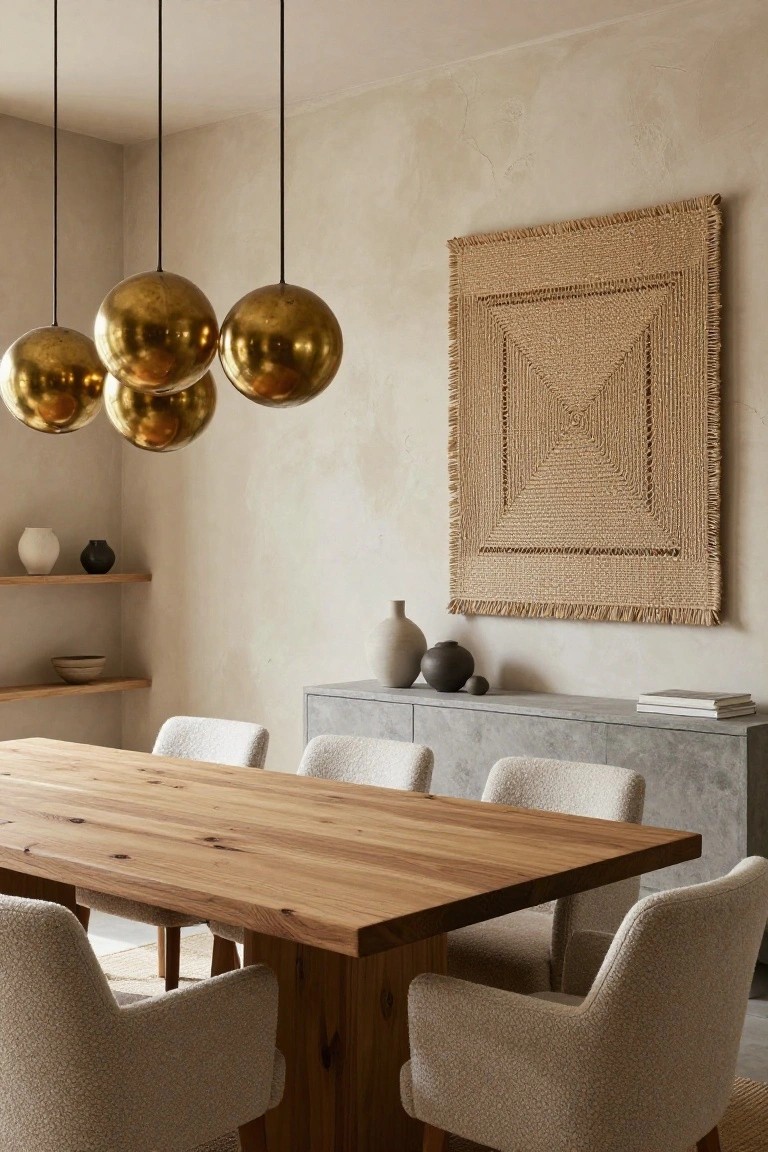 Dining room with rectangular light wood table and cream bouclé armchairs, gray concrete credenza holding pottery and books, floating wood shelves with ceramics, beige textured plaster walls with large woven artwork, and four suspended brass orb pendant lights above the table.