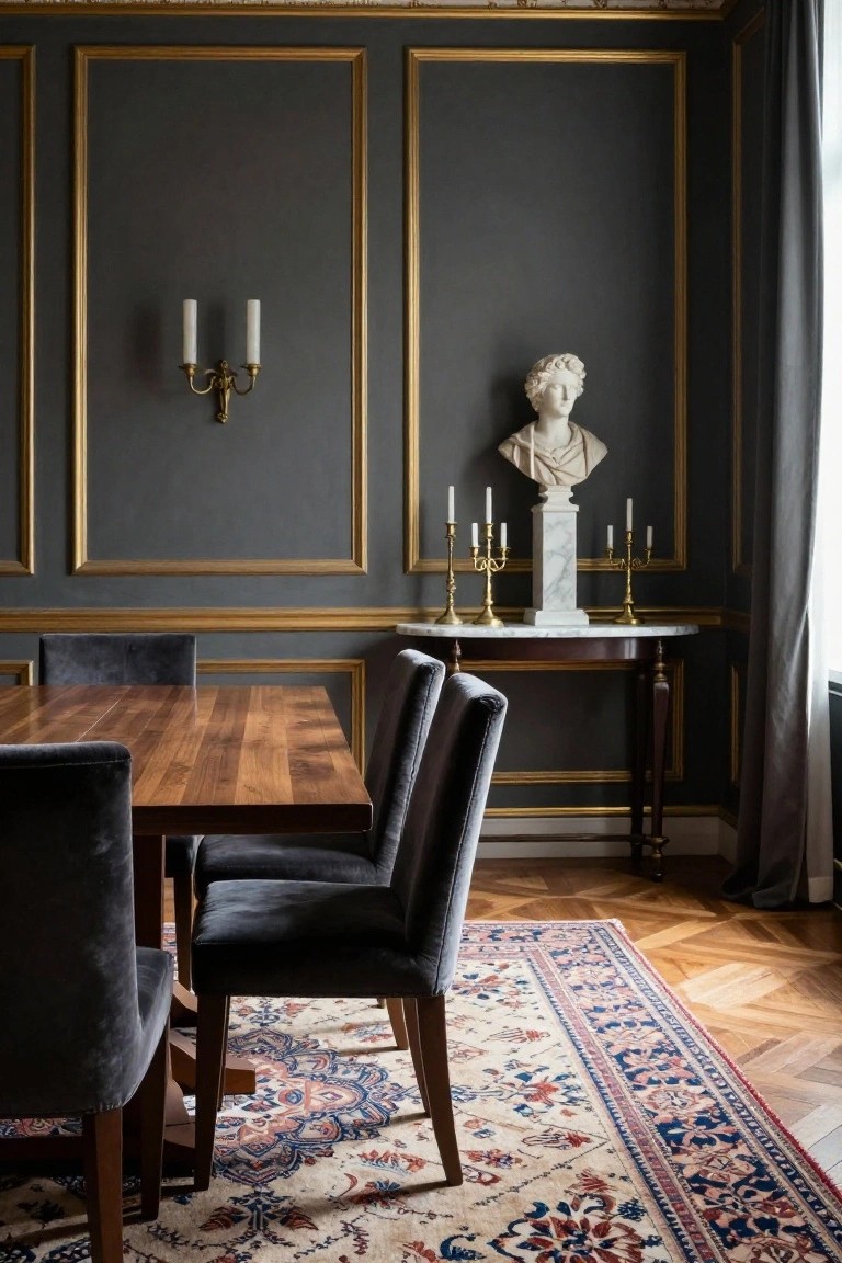 Formal dining room with dark gray walls in gold-framed panels, rectangular wood table and gray velvet chairs, marble console table with white bust sculpture and brass candelabras, patterned rug on parquet floor.