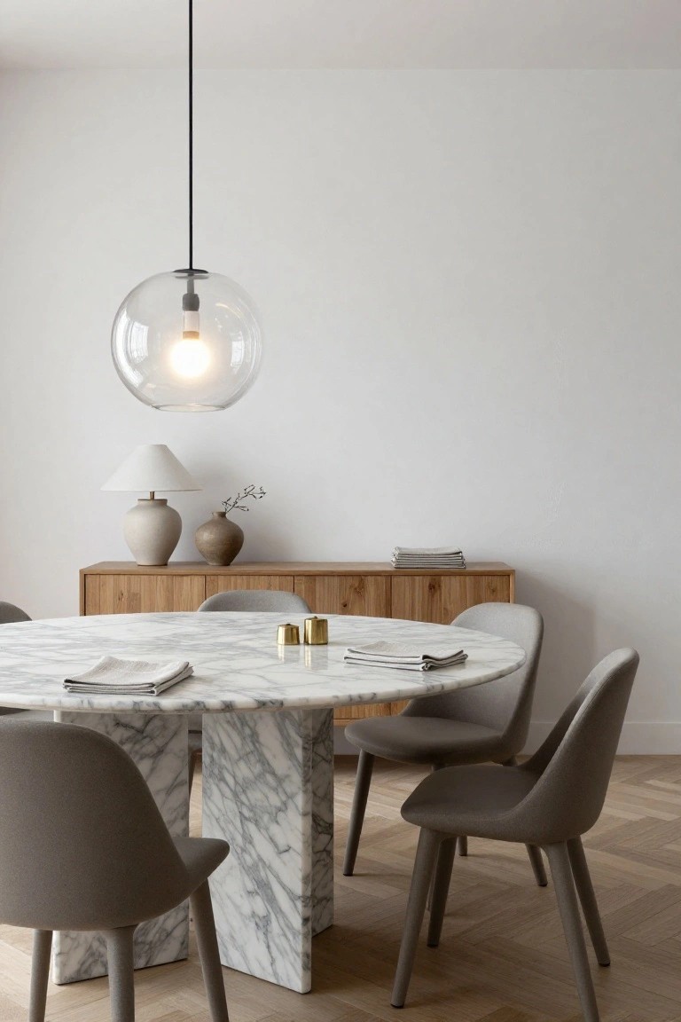 Round white marble dining table with gray upholstered chairs in a light dining room with wooden sideboard, ceramic vases, table lamp, glass pendant light, white walls, and herringbone wood floor.