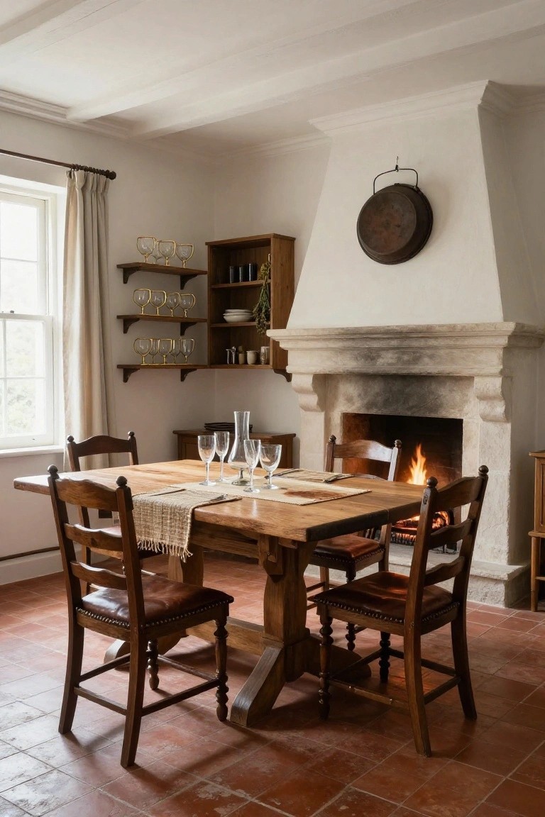 Interior of a dining room with square wooden trestle table and leather chairs positioned in front of a lit stone fireplace, terracotta tile floor, white walls, beamed ceiling, and wooden shelves holding glassware.