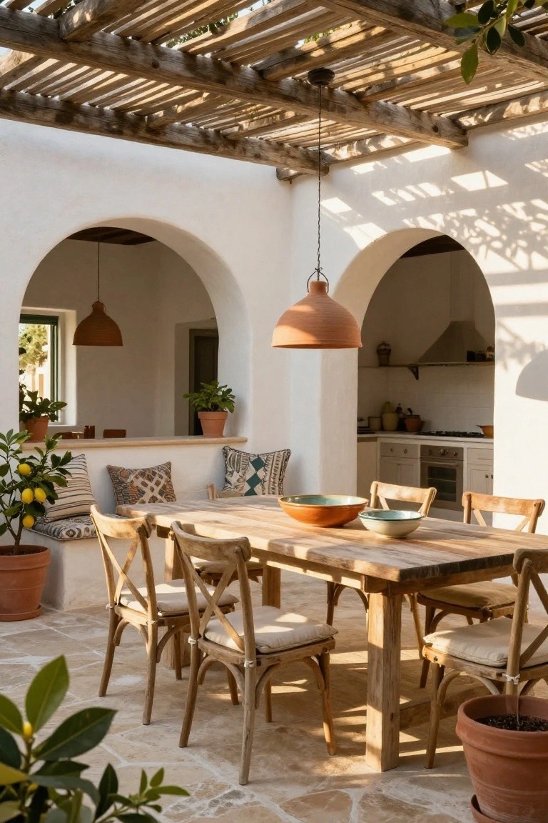 Shaded outdoor courtyard dining area featuring a large wooden table and eight cross-back chairs under a slatted wooden pergola, white stucco walls with arched openings to an indoor kitchen, terracotta hanging lamps, and potted lemon trees on terracotta floor tiles.