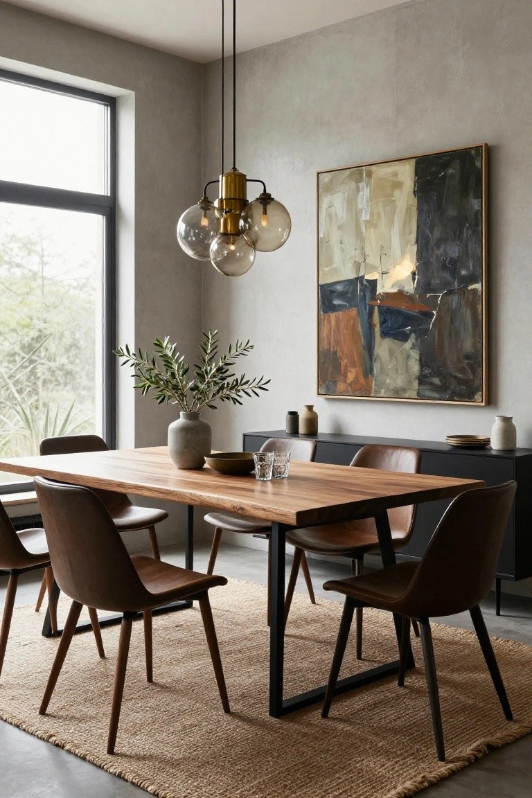 Modern dining room featuring a rectangular solid wood table with black metal legs, brown leather chairs, gray textured walls, large window with greenery outside, brass pendant light, abstract painting, and sideboard with ceramics.