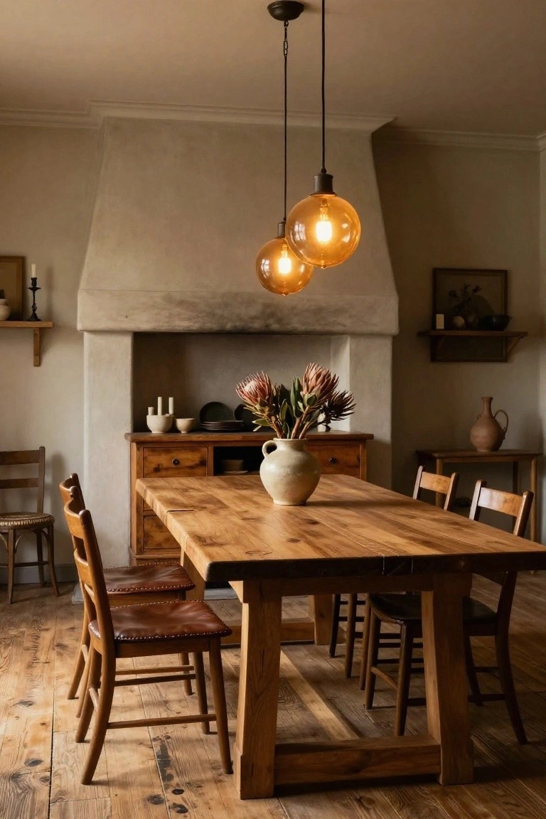 Dining room interior with a large rectangular wooden table and benches, wooden chairs with brown leather seats, two hanging amber globe pendant lights, a beige stone fireplace hood, a vase of protea flowers on the table, wooden sideboard, and beige plaster walls on hardwood floors.