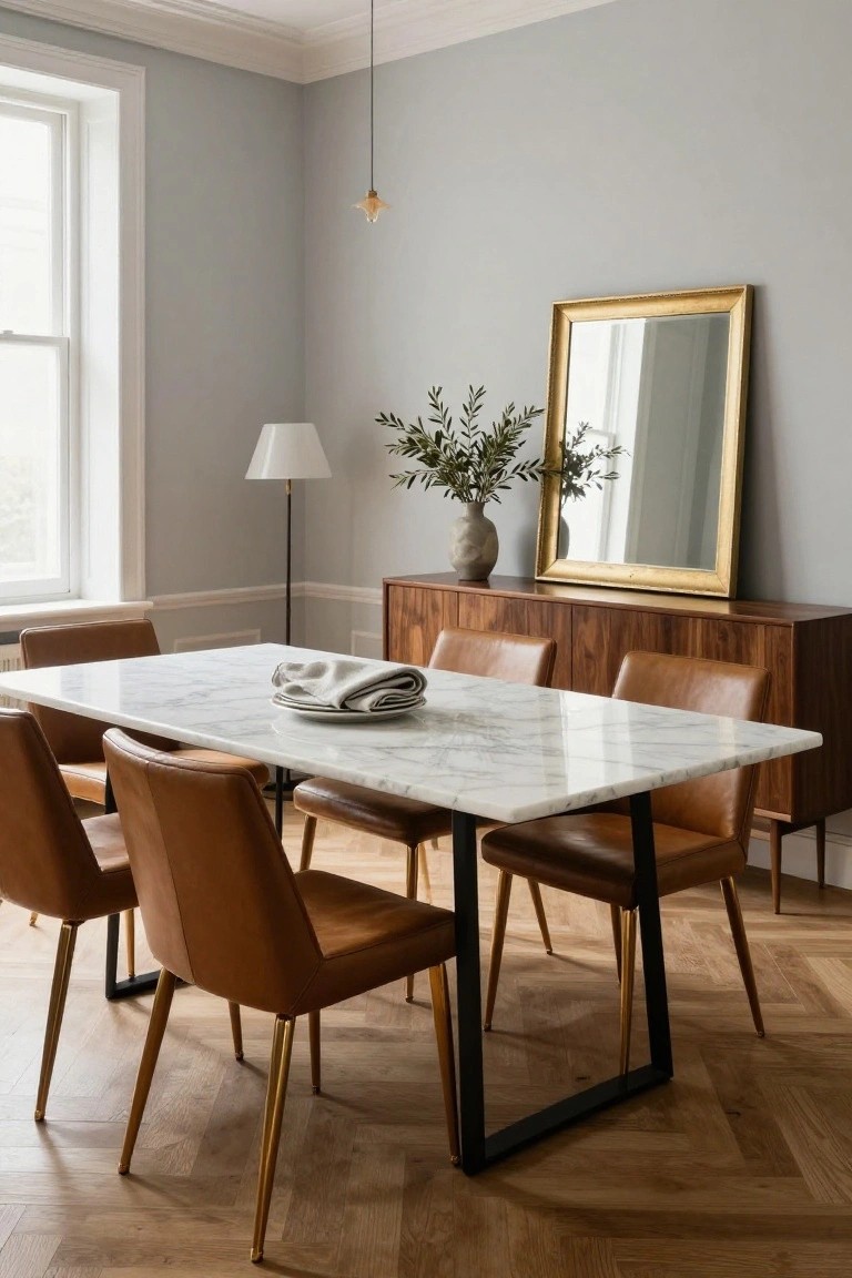 Dining room interior with rectangular white marble table on black metal legs, six tan leather chairs with gold legs, wooden credenza topped with vase of olive branches under gold-framed mirror, white lamp, on parquet wood floor against light gray walls.