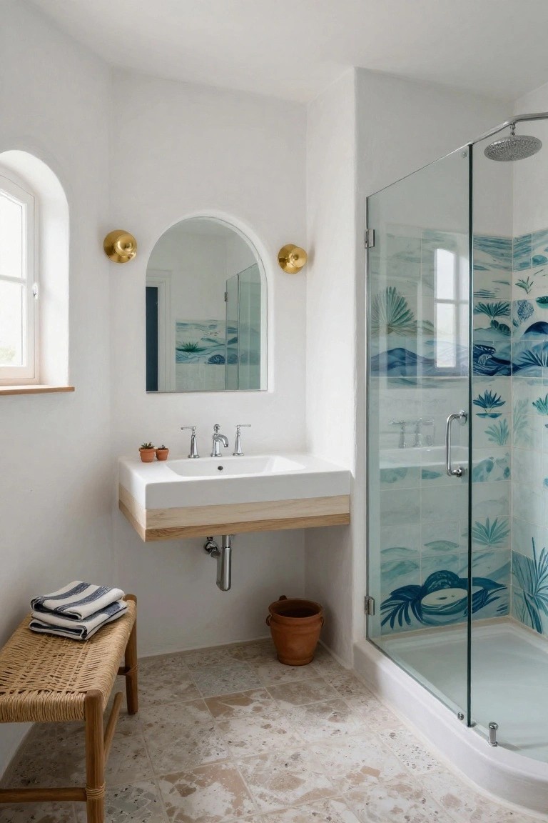 Small white bathroom with floating wood vanity, round wall mirror, glass shower enclosure featuring blue tiles with wave, palm, fish, and shell motifs, rattan bench with towels, potted succulents, and terracotta pot.