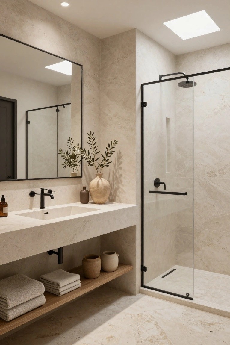 A minimalist bathroom with beige veined stone walls and floor, black-framed glass shower enclosure, floating stone vanity with black faucet and open wooden shelf holding towels and pottery, large black-framed mirror, and potted olive branches.