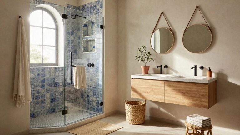 A bathroom with a walk-in glass shower enclosure featuring blue patterned mosaic tiles on the walls, a floating wooden sink vanity with black faucet, potted olive plants, stacked white towels in a wicker basket, a round mirror with leather strap, and white walls under an arched doorway.
