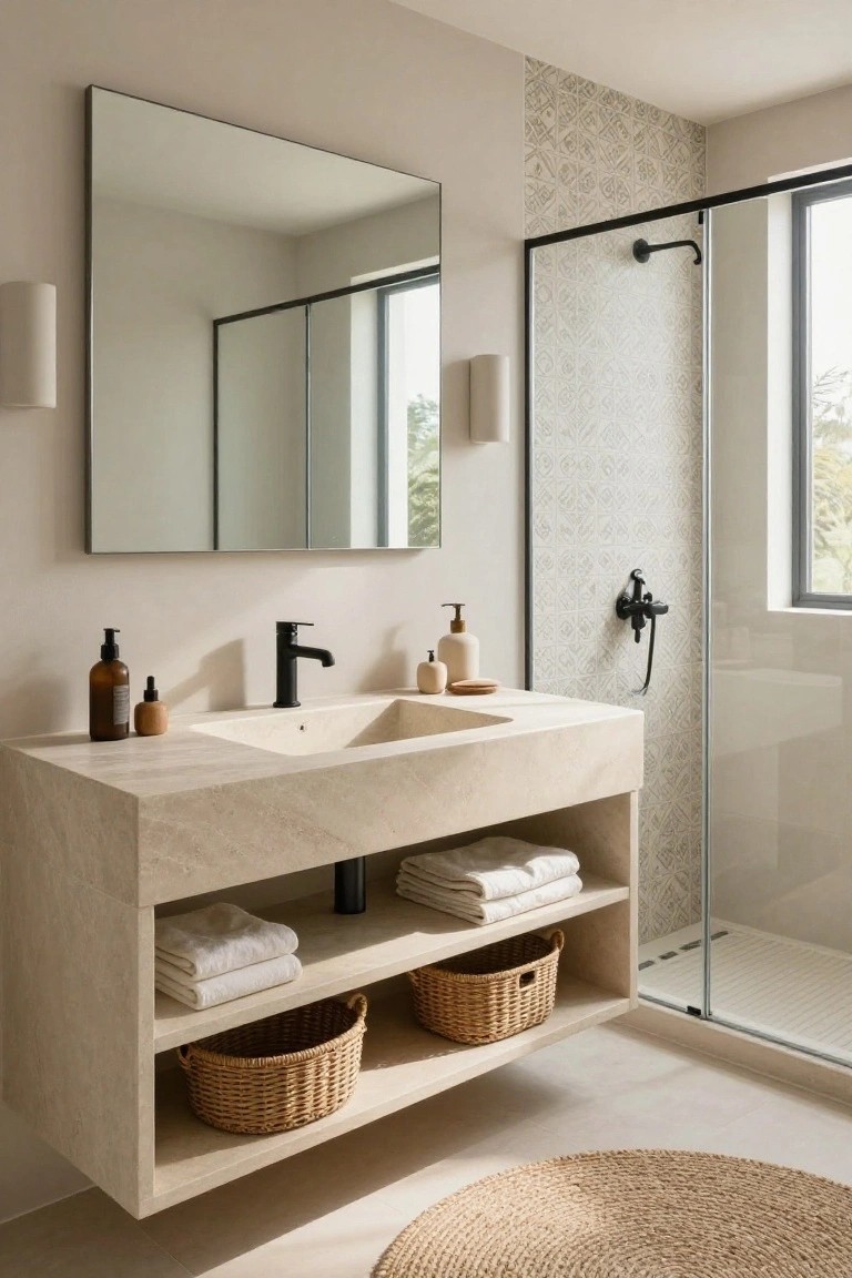 A beige stone floating vanity with integrated sink, black faucet, and open lower shelves holding folded white towels and woven baskets, next to a glass shower enclosure with patterned beige tiles and a large wall mirror in a light-colored bathroom.