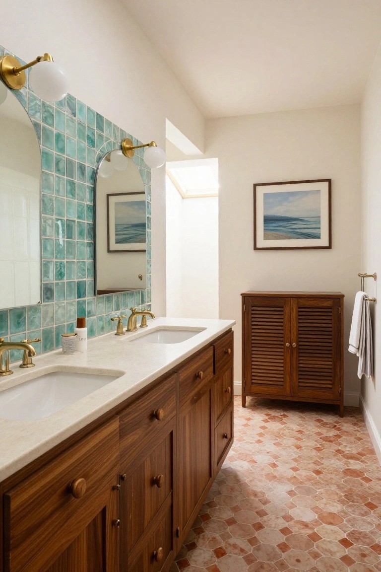 Bathroom interior with wooden double vanity and sinks, curved teal mosaic tile wall with arched mirror, brass wall sconces and faucets, slatted wooden storage cabinet with towels, and geometric terracotta floor tiles.
