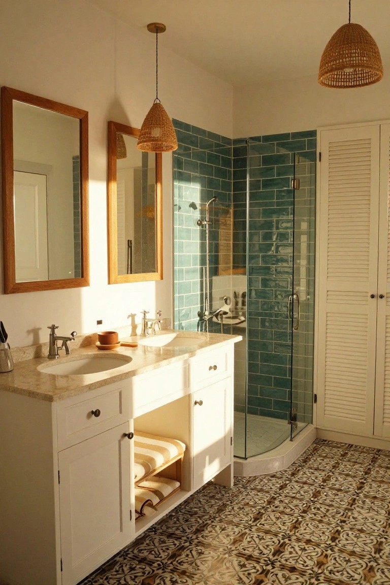 Bathroom with teal subway tile shower enclosure, white double vanity topped with two sinks, wood-framed mirrors, woven pendant lights, and patterned terracotta floor tiles.