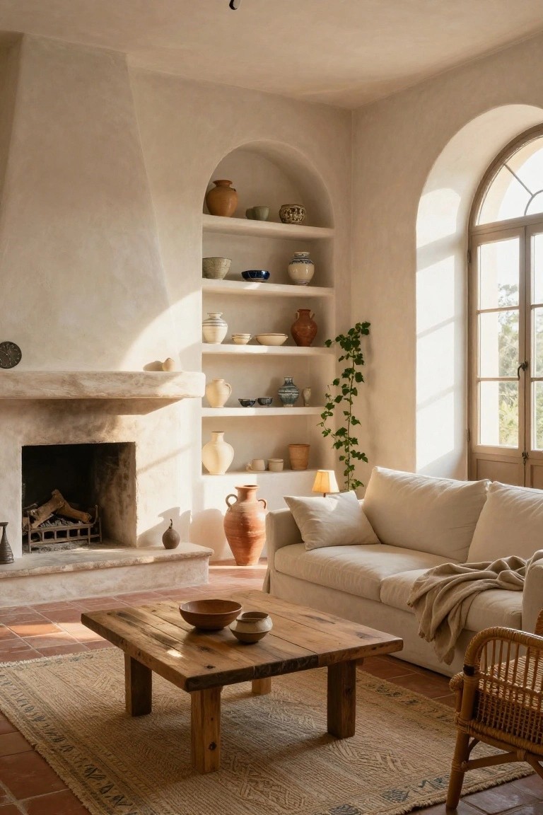 Cozy living room corner with beige plaster walls, arched alcoves and shelves holding various pottery pieces, stone fireplace, white sofa, wooden coffee table, woven rug, and terracotta tile floor.