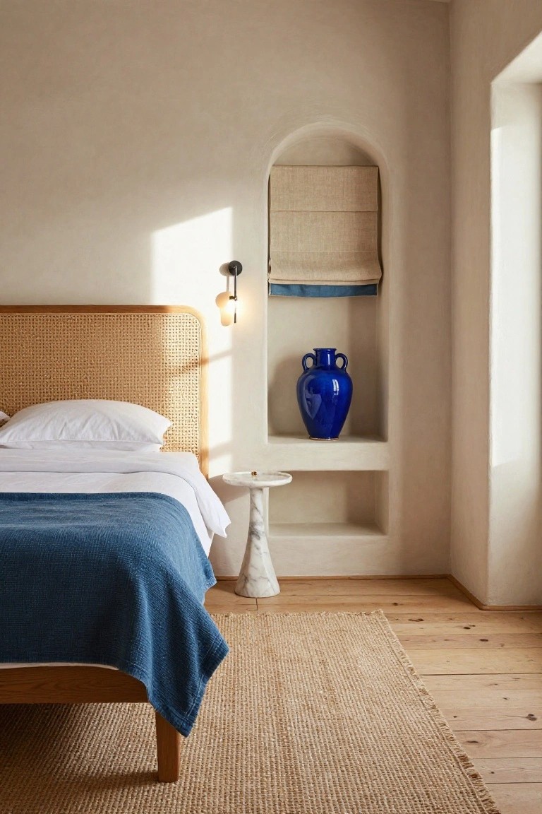 Bedroom with rattan headboard bed covered in white sheets and blue blanket, arched plaster niche holding blue vase next to marble side table, beige roman shade, wood floor, and seagrass rug.